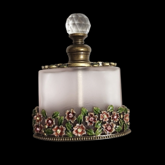 Other - Beautiful Vintage Glass Brass And Enamel Perfume Bottle With Crystal Stopper